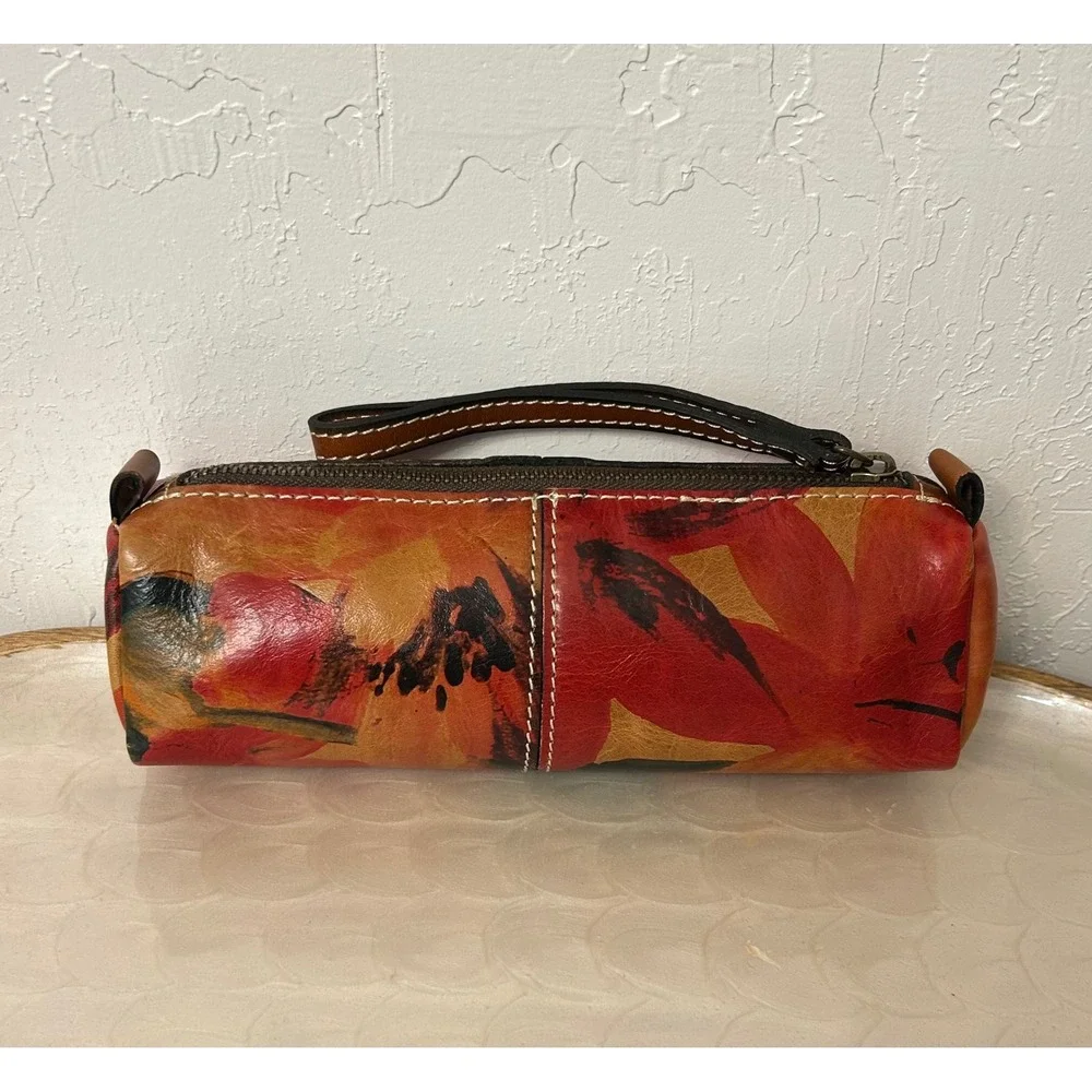 Patricia Nash Leather Floral Cylinder Wristlet Pouch Red Orange